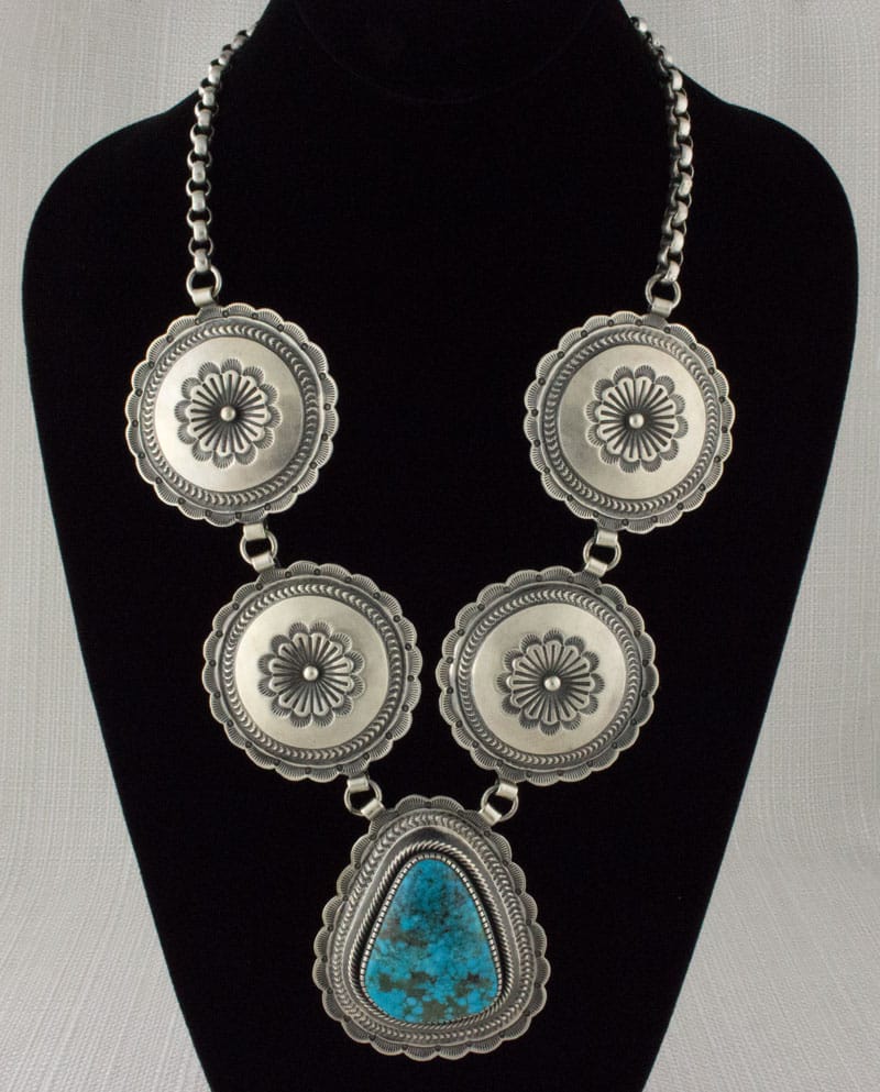 Concho Necklace With Natural Birdseye Kingman Turquoise Pendant And Matching Concho Earrings