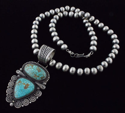 Handmade Sterling Silver Bead Necklace With Natural Birdseye Kingman Turquoise Pendant