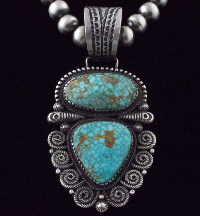 Handmade Sterling Silver Bead Necklace With Natural Birdseye Kingman Turquoise Pendant