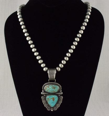 Handmade Sterling Silver Bead Necklace With Natural Birdseye Kingman Turquoise Pendant