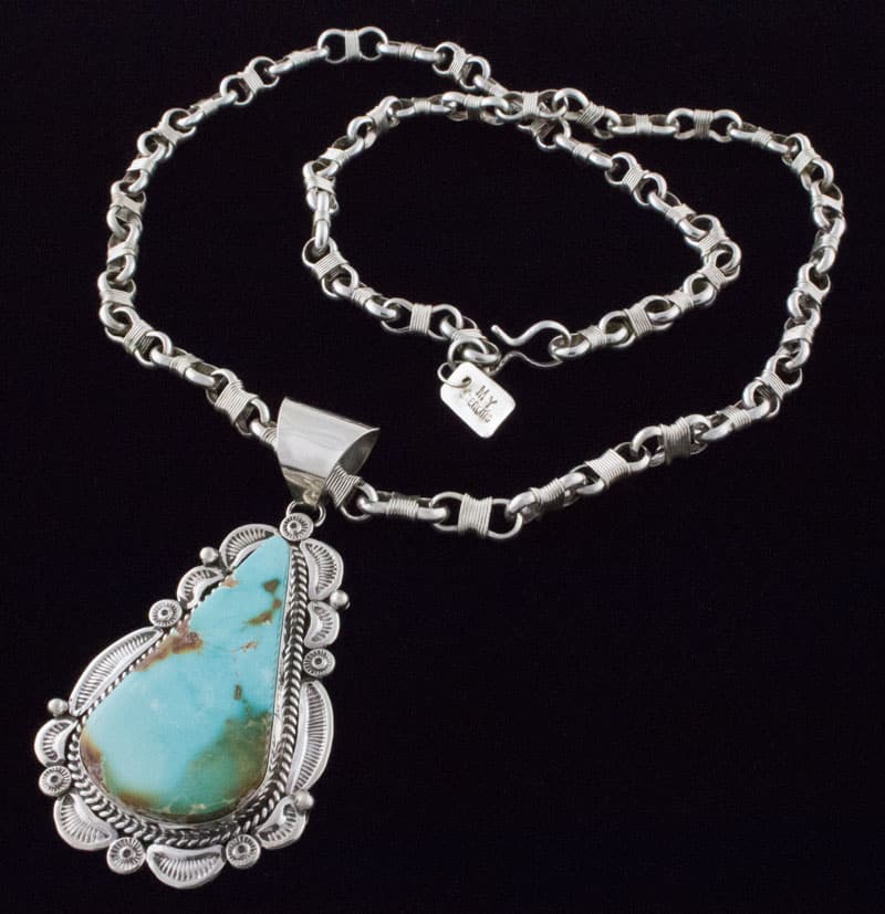 Handmade Sterling Silver Wire-Wrapped Link Chain Necklace With High Grade Natural Royston Turquoise Pendant