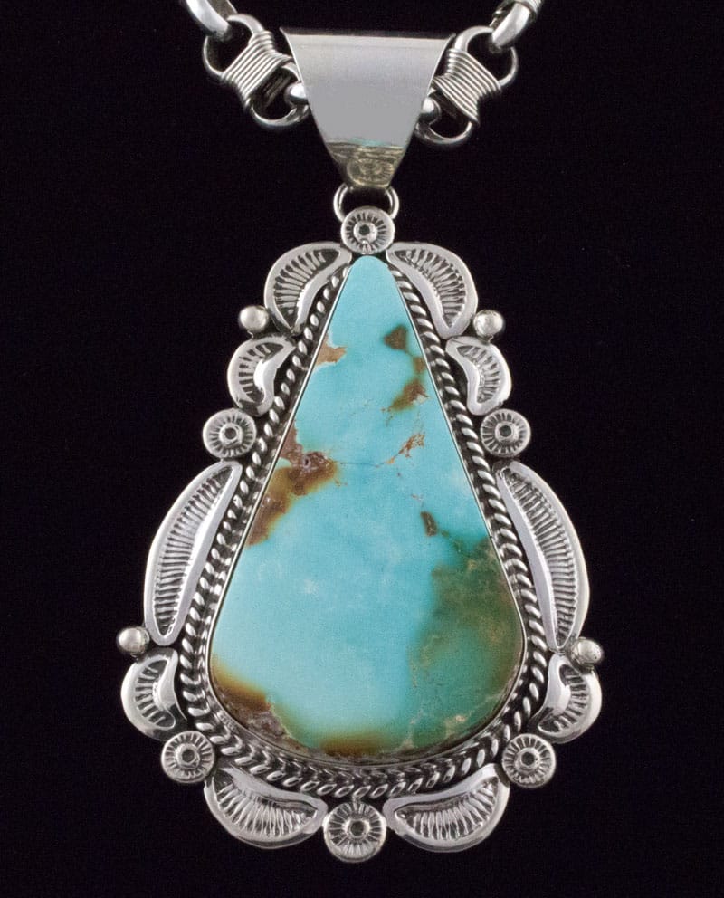 Handmade Sterling Silver Wire-Wrapped Link Chain Necklace With High Grade Natural Royston Turquoise Pendant