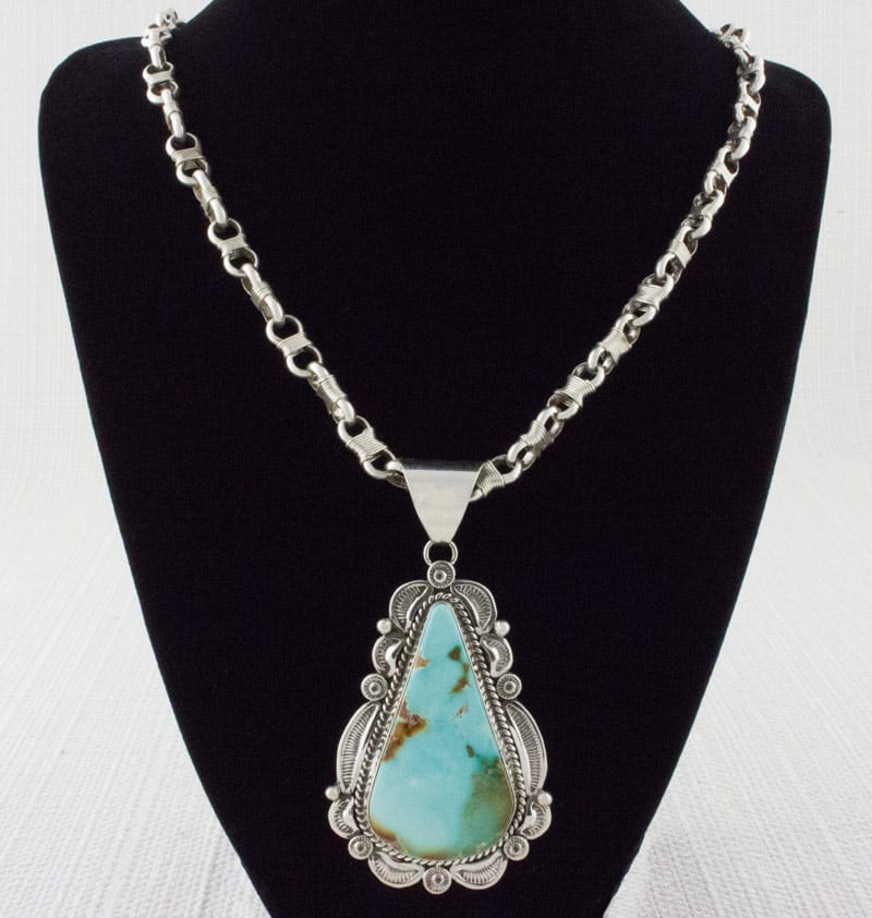 Handmade Sterling Silver Wire-Wrapped Link Chain Necklace With High Grade Natural Royston Turquoise Pendant