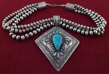 Handmade-3-Strand Sterling Silver Bead Necklace With Kingman Turquoise Pendant