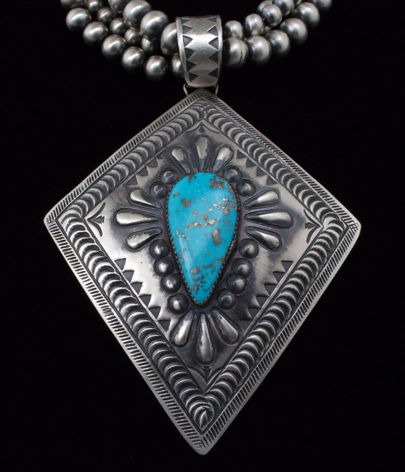 Handmade-3-Strand Sterling Silver Bead Necklace With Kingman Turquoise Pendant