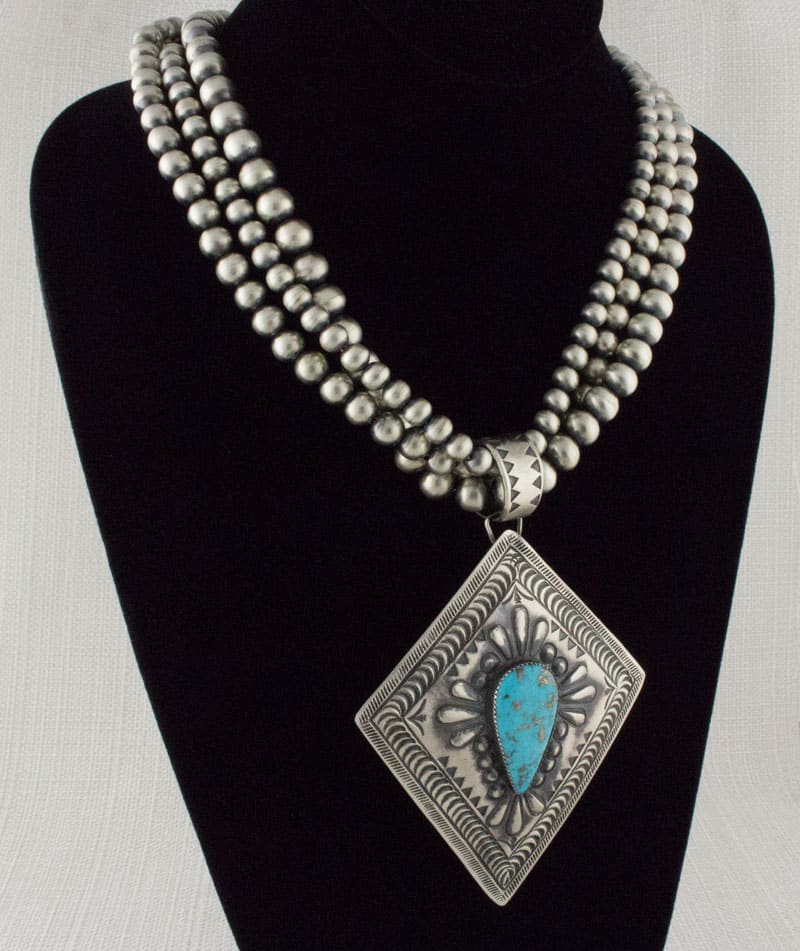 Handmade-3-Strand Sterling Silver Bead Necklace With Kingman Turquoise Pendant