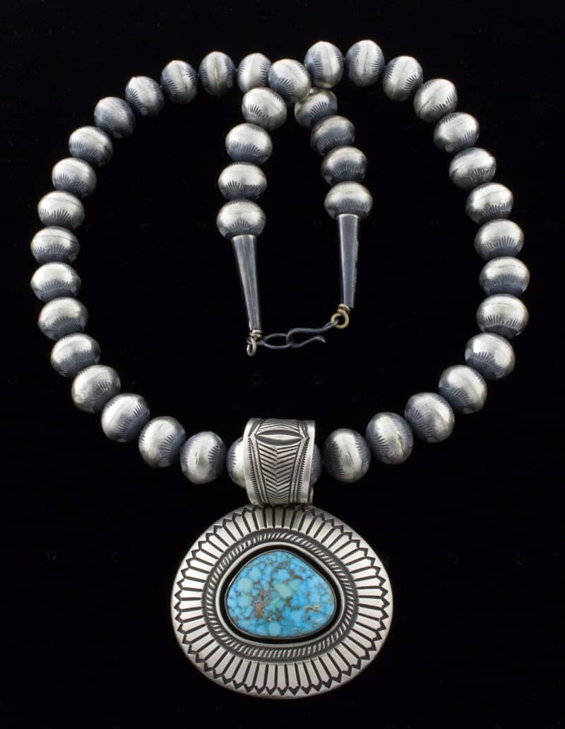 Handmade Sterling Silver Bead Necklace With Natural Birdseye Kingman Turquoise Pendant