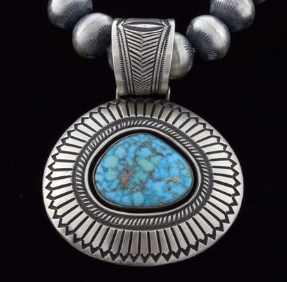 Handmade Sterling Silver Bead Necklace With Natural Birdseye Kingman Turquoise Pendant