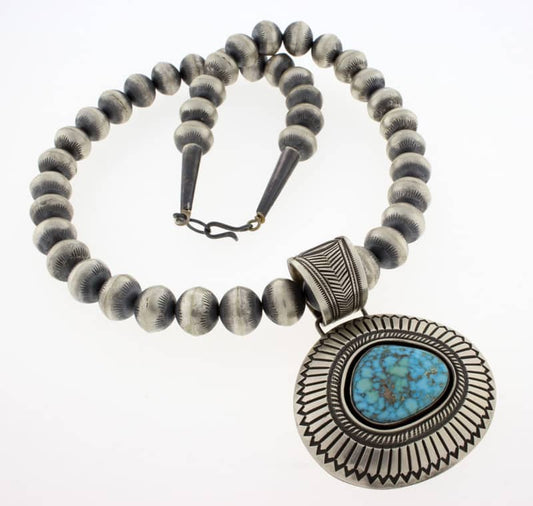 Handmade Sterling Silver Bead Necklace With Natural Birdseye Kingman Turquoise Pendant