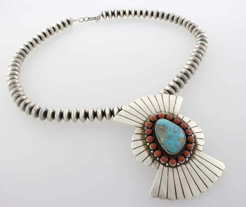 Handmade Sterling Silver Bead Necklace With Natural Kingman Turquoise & Coral Pin-Pendant