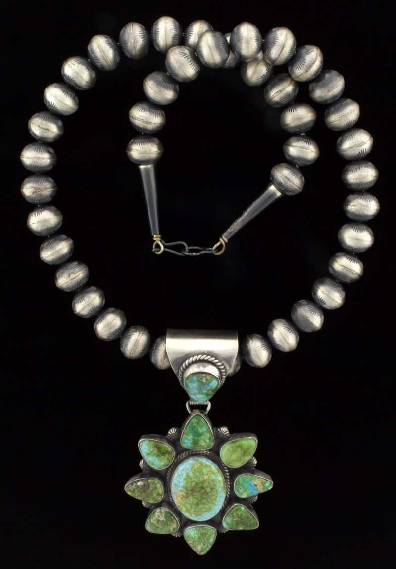 Sterling Silver Bead Necklace With Sonoran Gold Turquoise Cluster Pendant