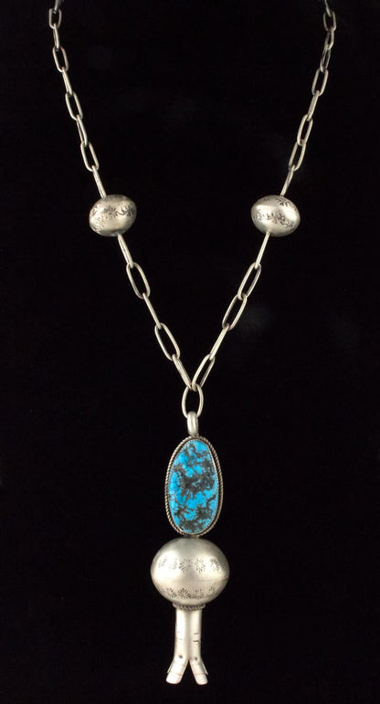 Handmade Chain Link Necklace With Natural Sleeping Beauty Turquoise Squash Blossom Pendant