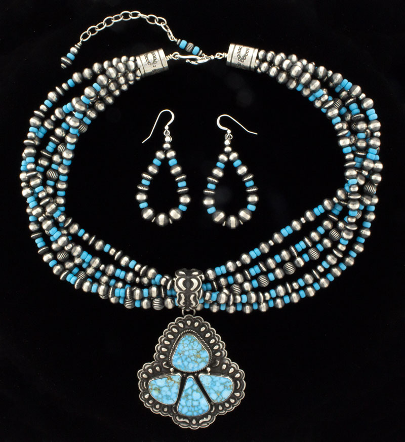 5-Strand Sterling Silver Bead & Turquoise Necklace With Matching Earrings And Natural Birdseye Kingman Turquoise Pendant