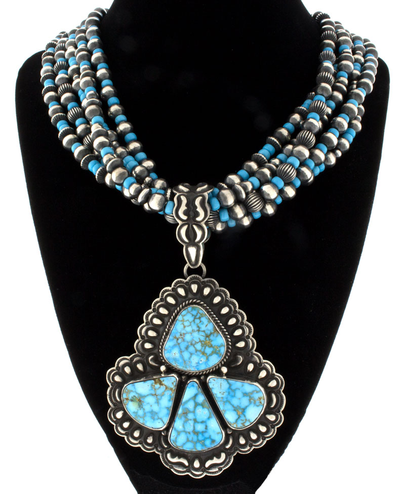 5-Strand Sterling Silver Bead & Turquoise Necklace With Matching Earrings And Natural Birdseye Kingman Turquoise Pendant