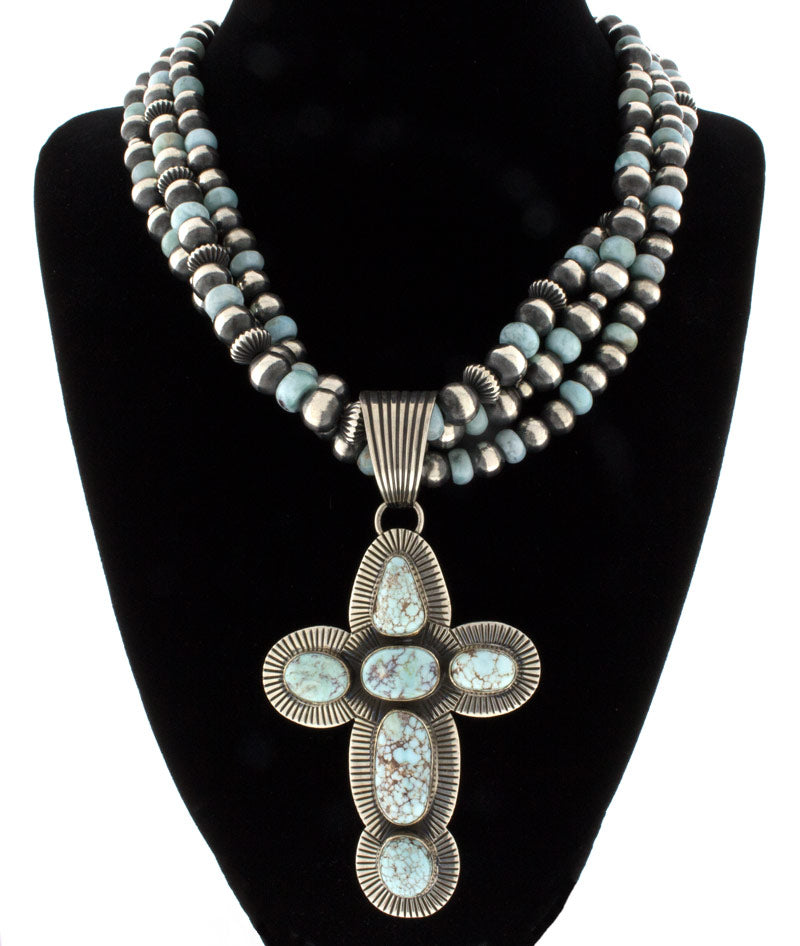 3-Strand Natural Dry Creek Turquoise Cross Necklace