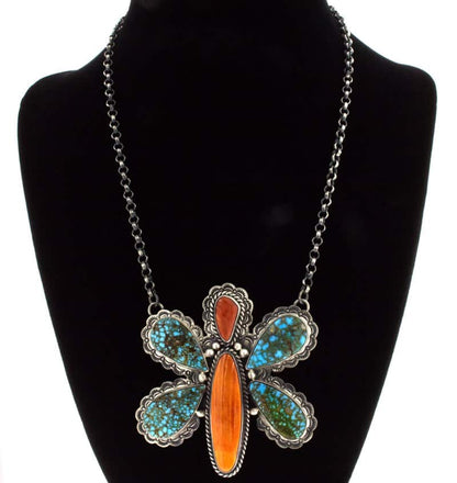 Natural Kingman Turquoise & Spiny Oyster Butterfly Necklace