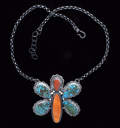 Natural Kingman Turquoise & Spiny Oyster Butterfly Necklace