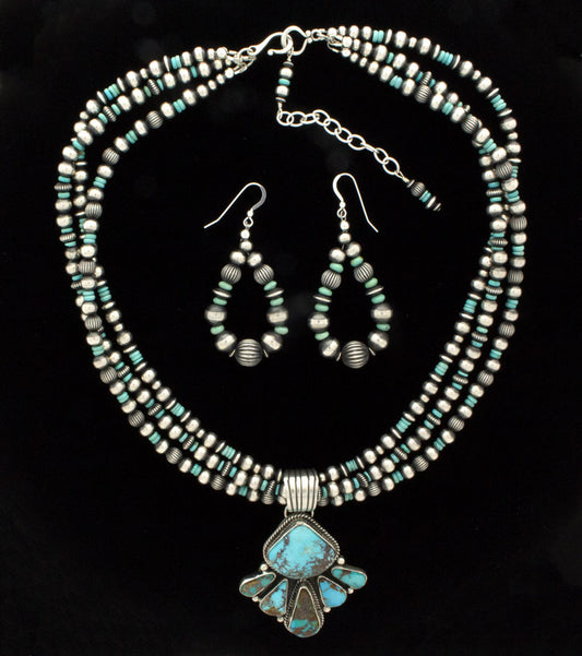 3-Strand Sterling Silver & Turquoise Bead Necklace With Matching Earrings And Natural Royston Turquoise Pendant