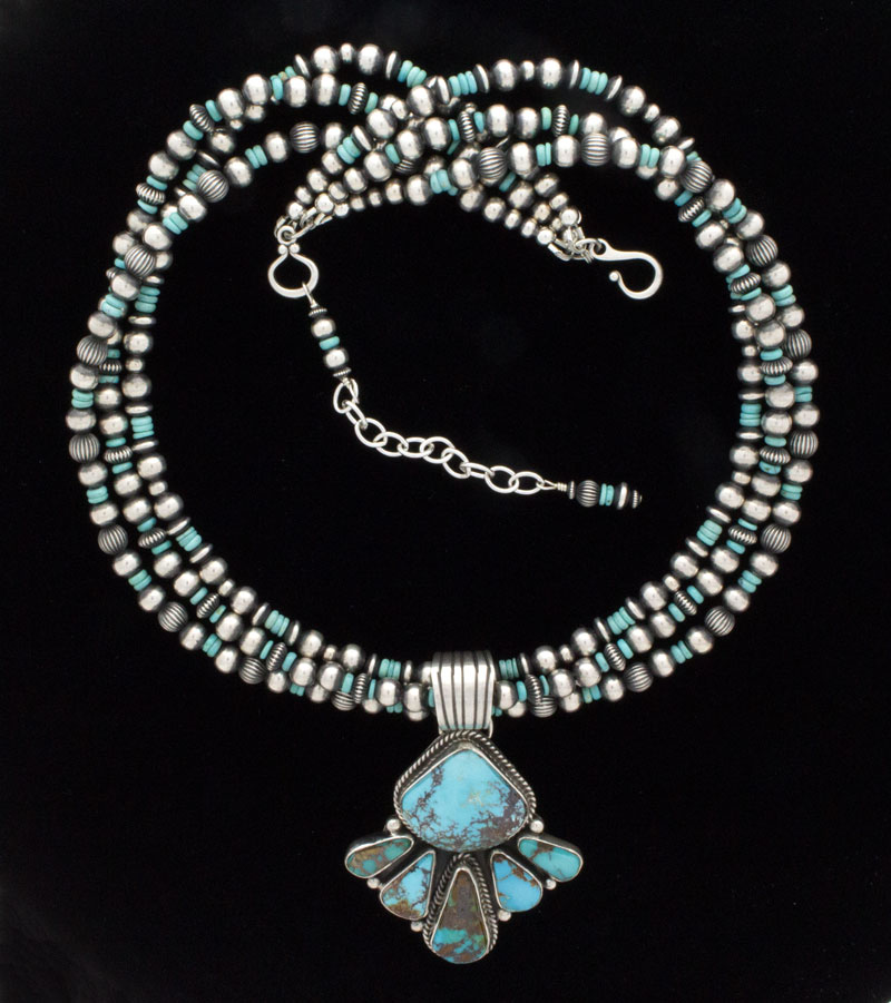 3-Strand Sterling Silver & Turquoise Bead Necklace With Matching Earrings And Natural Royston Turquoise Pendant