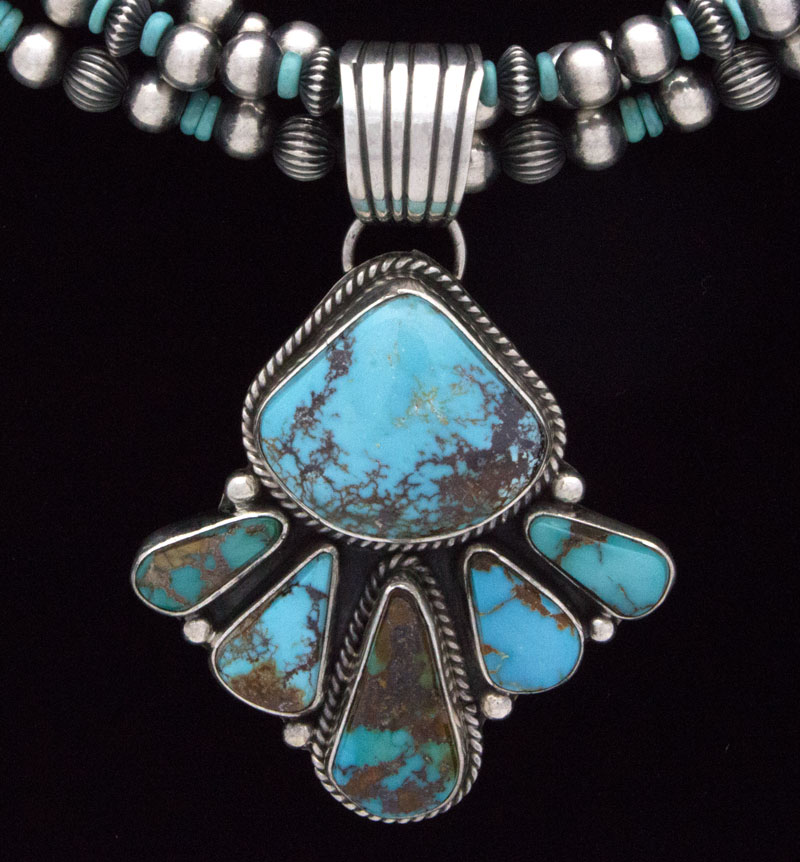 3-Strand Sterling Silver & Turquoise Bead Necklace With Matching Earrings And Natural Royston Turquoise Pendant