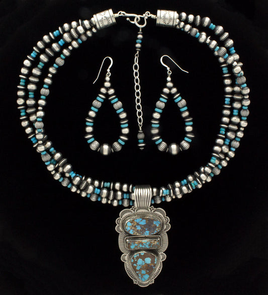 3-Strand Sterling Silver & Turquoise Bead Necklace With Matching Earrings And Natural Royston Turquoise 3-Stone Pendant