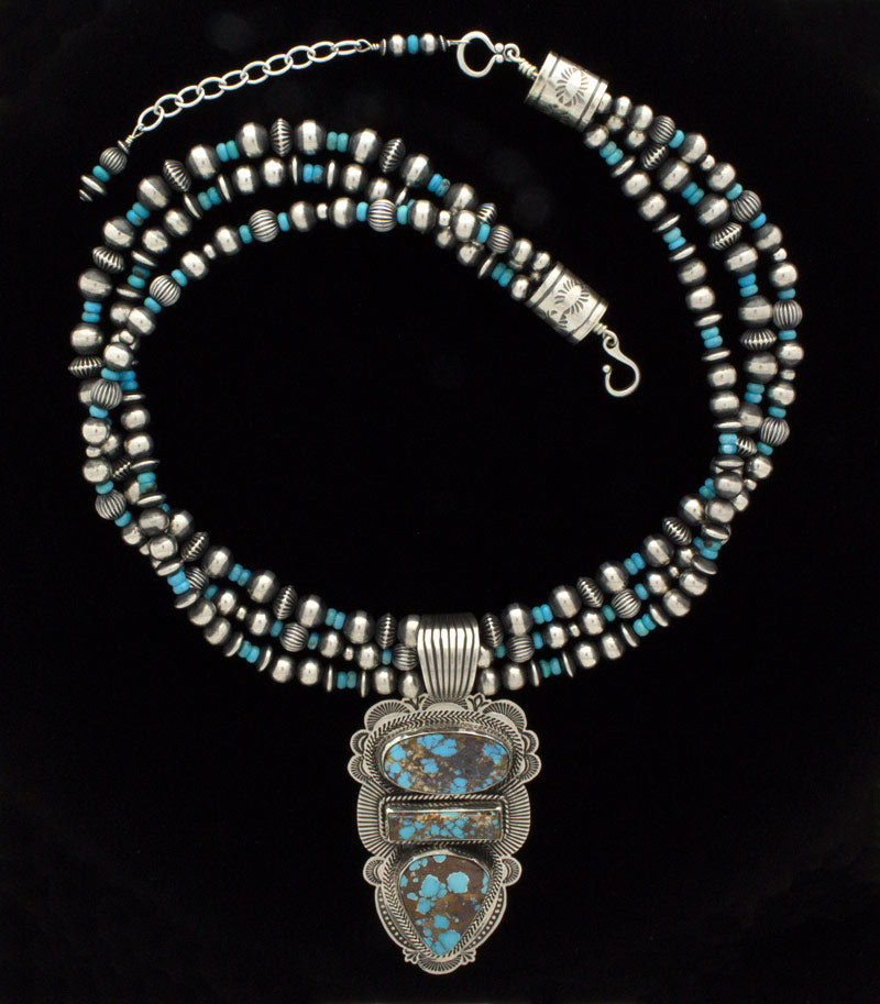 3-Strand Sterling Silver & Turquoise Bead Necklace With Matching Earrings And Natural Royston Turquoise 3-Stone Pendant