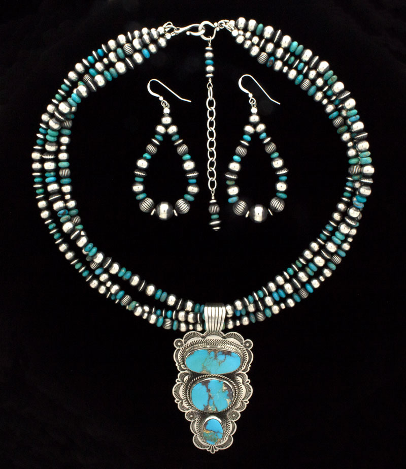 3-Strand Sterling Silver & Turquoise Bead Necklace With Matching Earrings And A Natural Stormy Mountain Turquoise 3-Stone Pendant