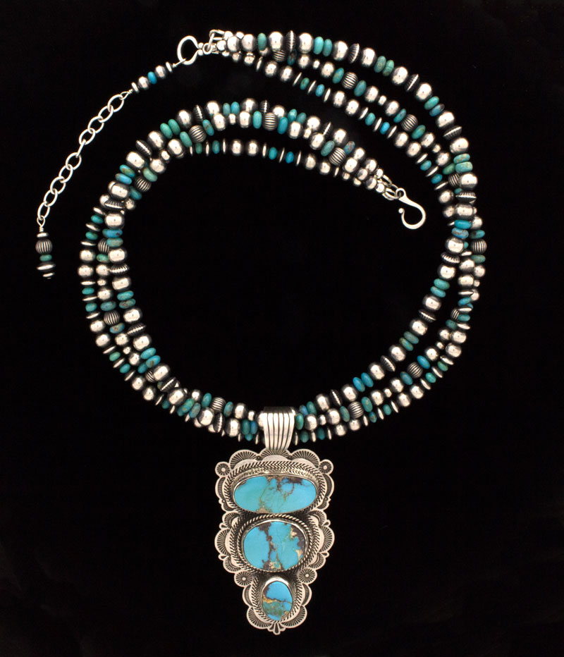 3-Strand Sterling Silver & Turquoise Bead Necklace With Matching Earrings And A Natural Stormy Mountain Turquoise 3-Stone Pendant