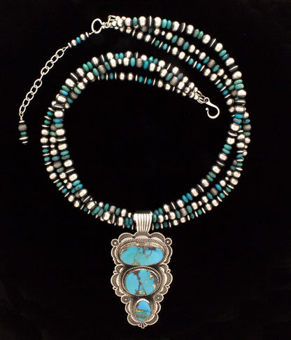 3-Strand Sterling Silver & Turquoise Bead Necklace With Matching Earrings And A Natural Stormy Mountain Turquoise 3-Stone Pendant