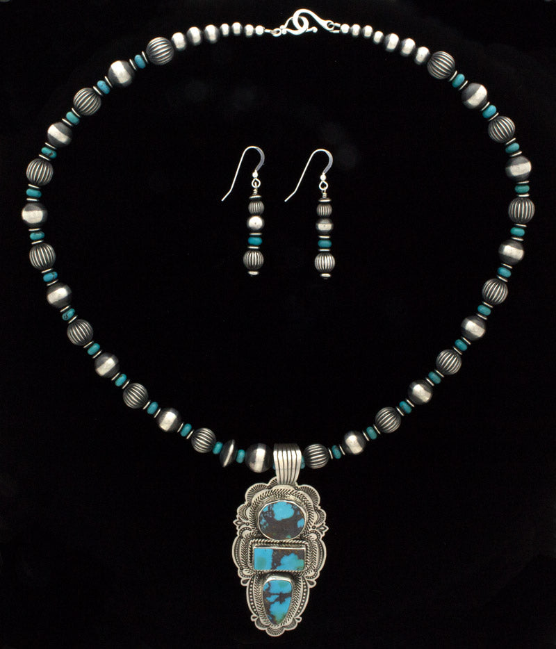 Sterling Silver & Turquoise Bead Necklace With Matching Earrings And Natural Turquoise Mountain Turquoise Pendant