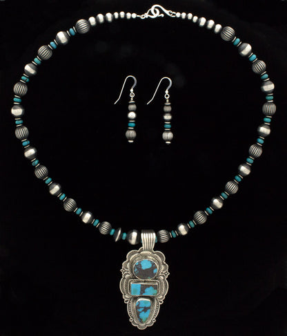 Sterling Silver & Turquoise Bead Necklace With Matching Earrings And Natural Turquoise Mountain Turquoise Pendant