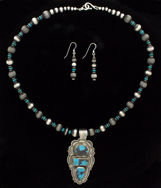 Sterling Silver & Turquoise Bead Necklace With Matching Earrings And Natural Turquoise Mountain Turquoise Pendant