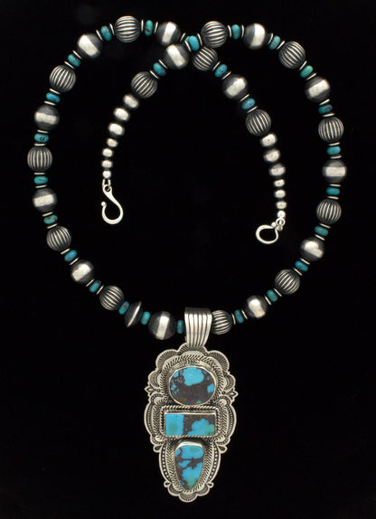 Sterling Silver & Turquoise Bead Necklace With Matching Earrings And Natural Turquoise Mountain Turquoise Pendant