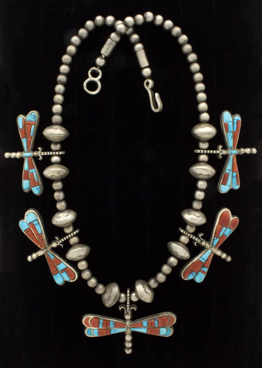 Kingman Turquoise & Coral Raised Cobblestone Inlay Dragonfly Necklace