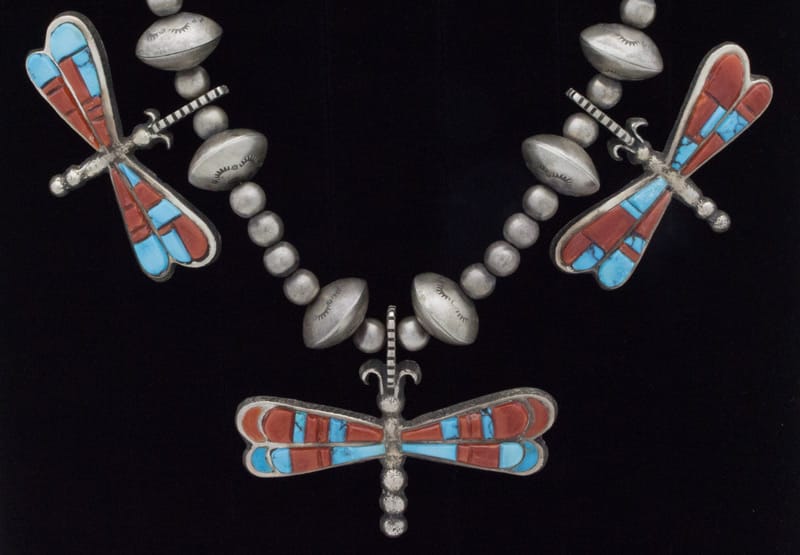 Kingman Turquoise & Coral Raised Cobblestone Inlay Dragonfly Necklace