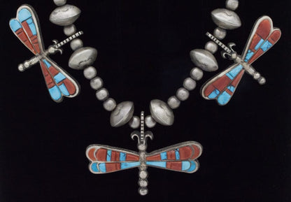 Kingman Turquoise & Coral Raised Cobblestone Inlay Dragonfly Necklace