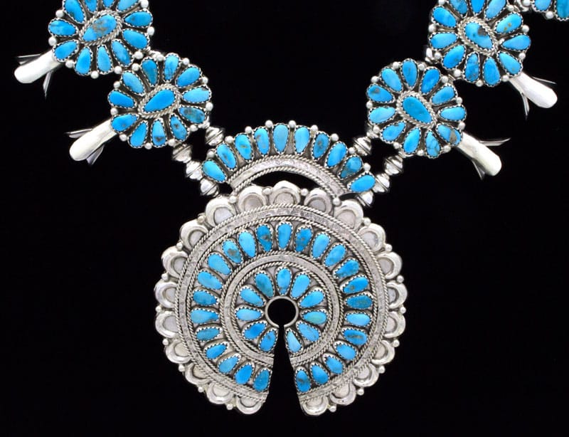 Natural Sleeping Beauty Turquoise Petit Point Cluster Squash Blossom Necklace With Matching Earrings