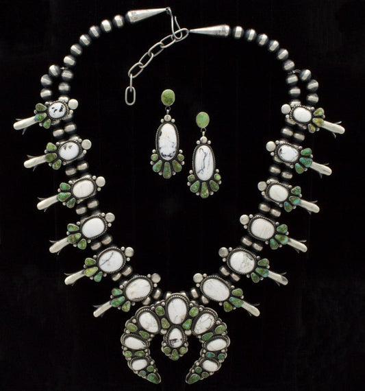 Sonoran Turquoise & White Buffalo Squash Blossom Necklace With Matching Earrings