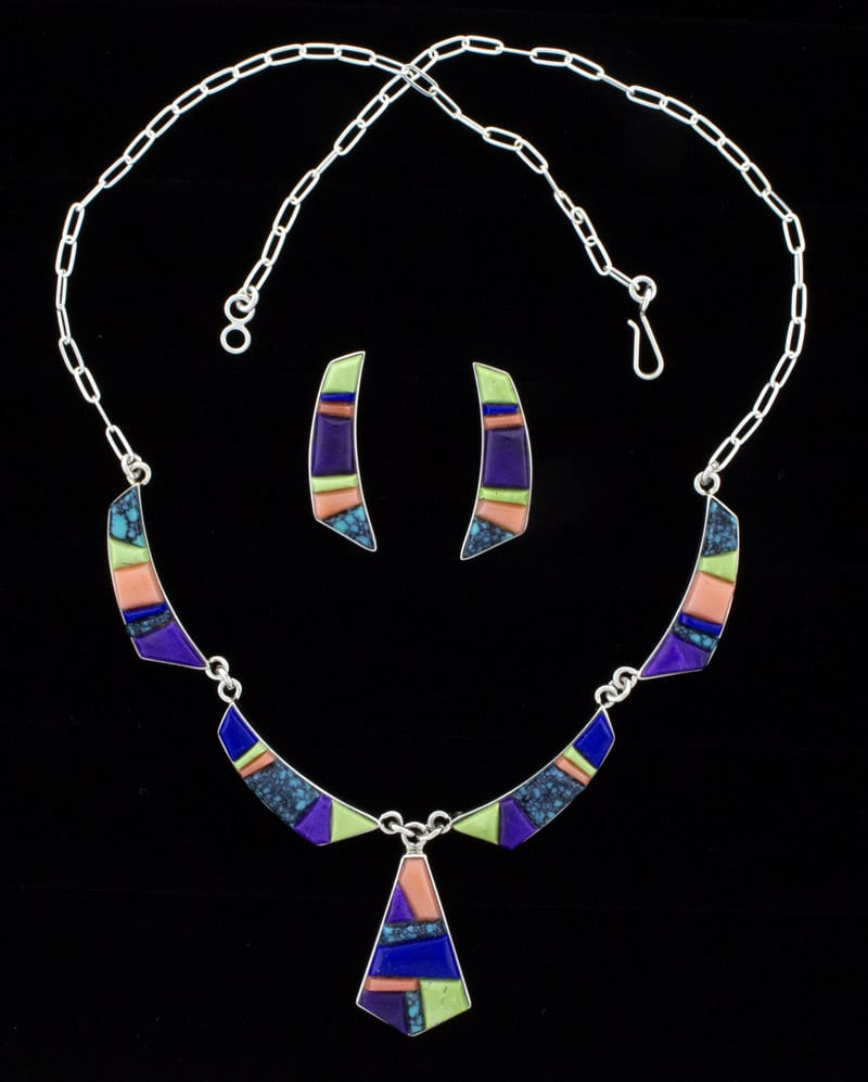 High Grade Natural Multi-Color Raised Cobblestone Inlay Necklace With Matching Earrings