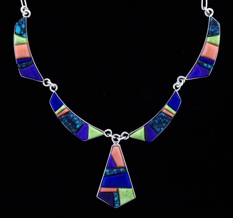 High Grade Natural Multi-Color Raised Cobblestone Inlay Necklace With Matching Earrings