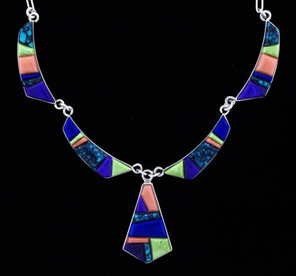 High Grade Natural Multi-Color Raised Cobblestone Inlay Necklace With Matching Earrings