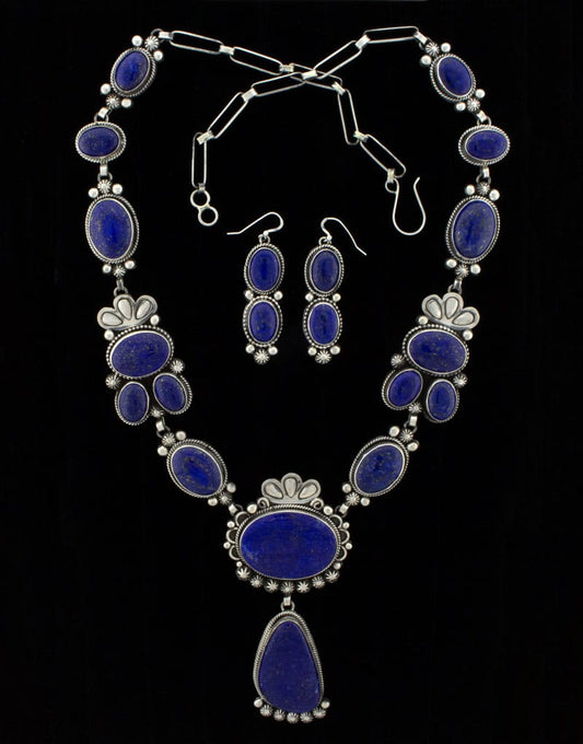 Collier Lariat en Lapis Lazuli Naturel avec Boucles d'Oreilles Assorties