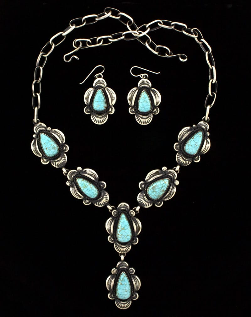 High Grade Natural #8 Turquoise Lariat Necklace With Matching Earrings