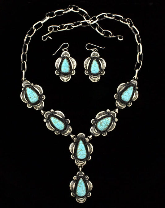 Collier Lariat en Turquoise Naturelle de Haute Qualité #8 avec Boucles d'Oreilles Assorties