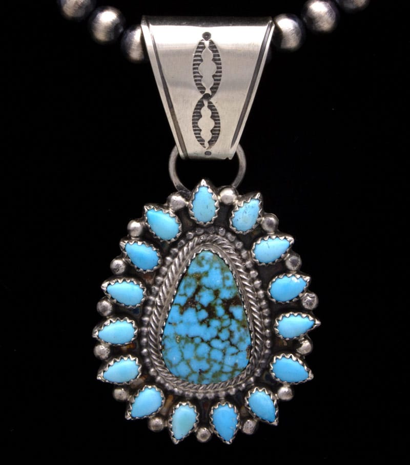 Sterling Silver Bead Necklace With Natural Kingman Turquoise & Natural Sleeping Beauty Turquoise Surround Pendant