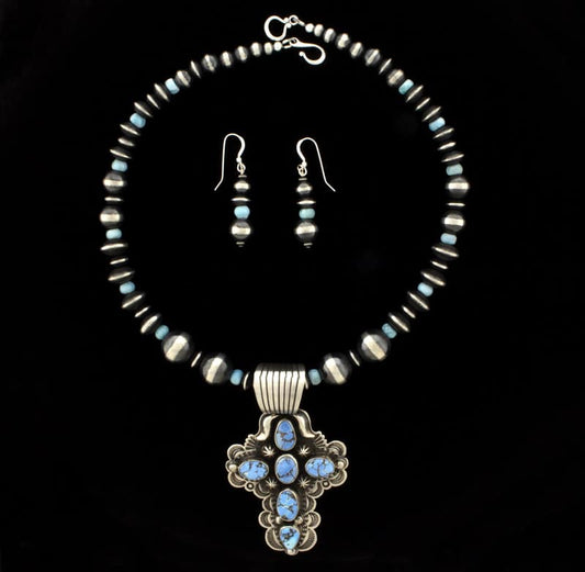 Graduated Sterling Silver & Turquoise Bead Necklace With Matching Earrings And Natural Golden Hill Turquoise Cross Pendant