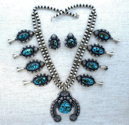 Natural Kingman Turquoise Squash Blossom Necklace With Matching Earrings