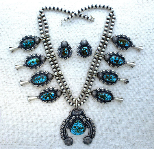 Natural Kingman Turquoise Squash Blossom Necklace With Matching Earrings