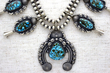 Natural Kingman Turquoise Squash Blossom Necklace With Matching Earrings