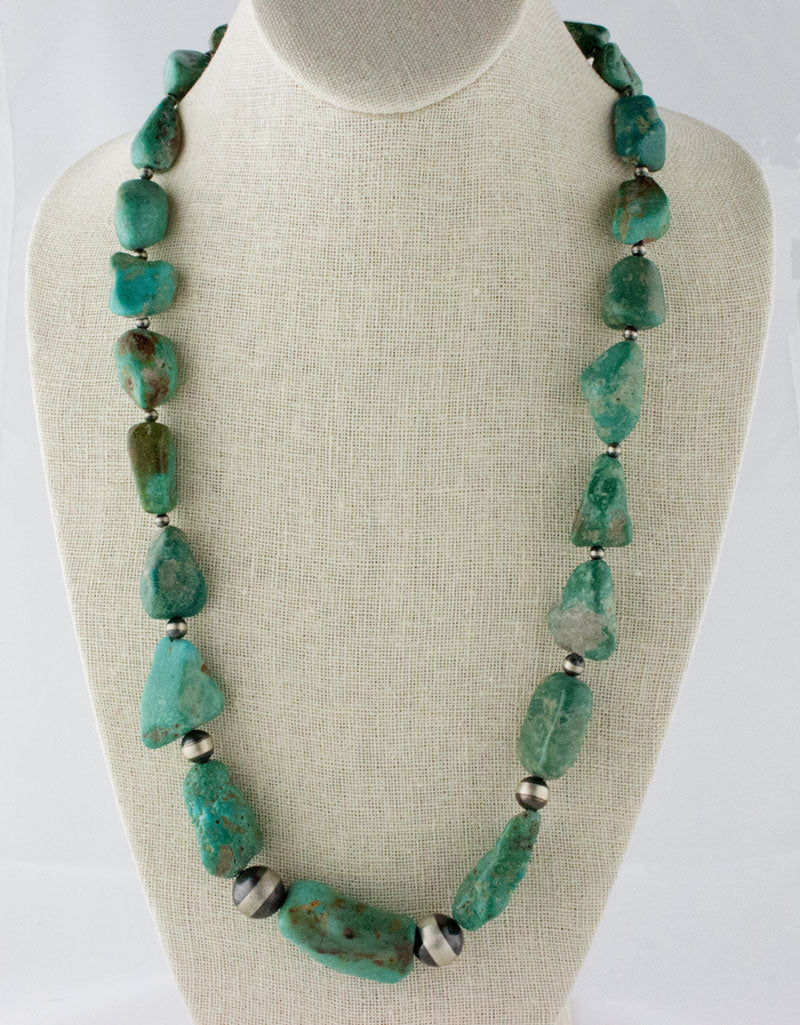 Kingman Turquoise Nugget Necklace With Handmade Sterling Silver Beads